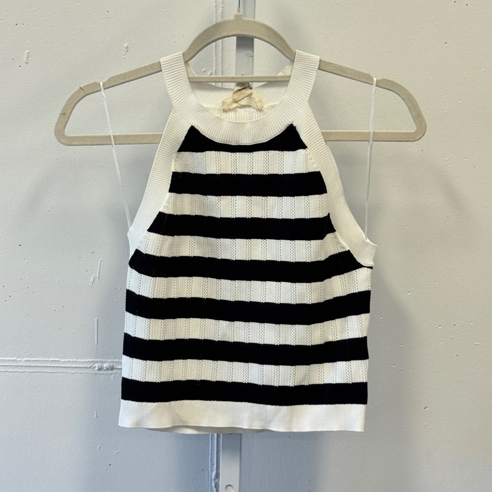 NWT Happily Grey Black White Striped Knit Halter Top Sleeveless Size Large